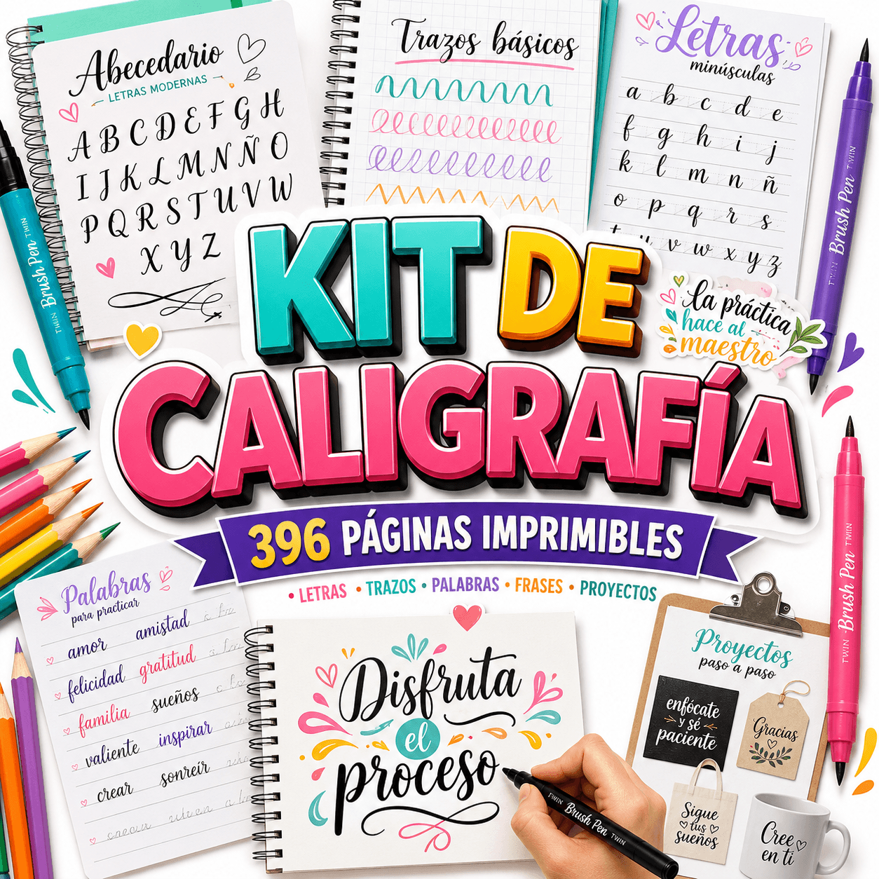 Kit de Caligrafía Imprimible — 77 Ejercicios y 8 Estilos de Alfabeto